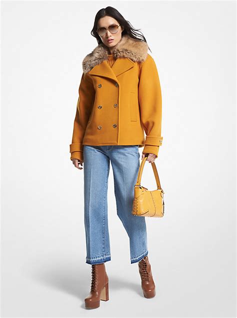 michael kors faux fur trim wool blend peacoat|mike Kors faux fur peacoat.